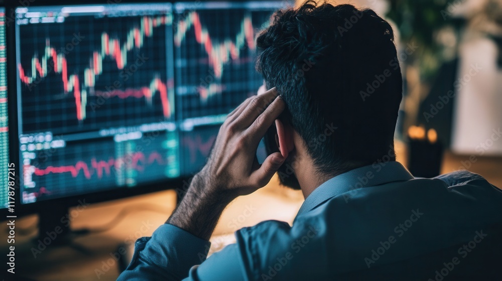 Poster businessman analyzing stock market data on multiple screens while making a phone call