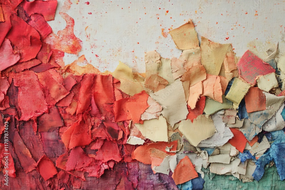 Poster a close-up of an abstract painting with textured layers of red and beige paint on canvas, showcasing