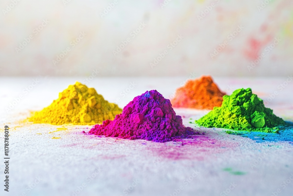 Poster simple arrangement of holi powders in small neat piles on smooth white surface illuminated by soft n