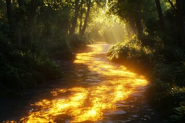 Obraz premium River with a yellowish glow in the sunlight. The water is calm and the trees are lush and green