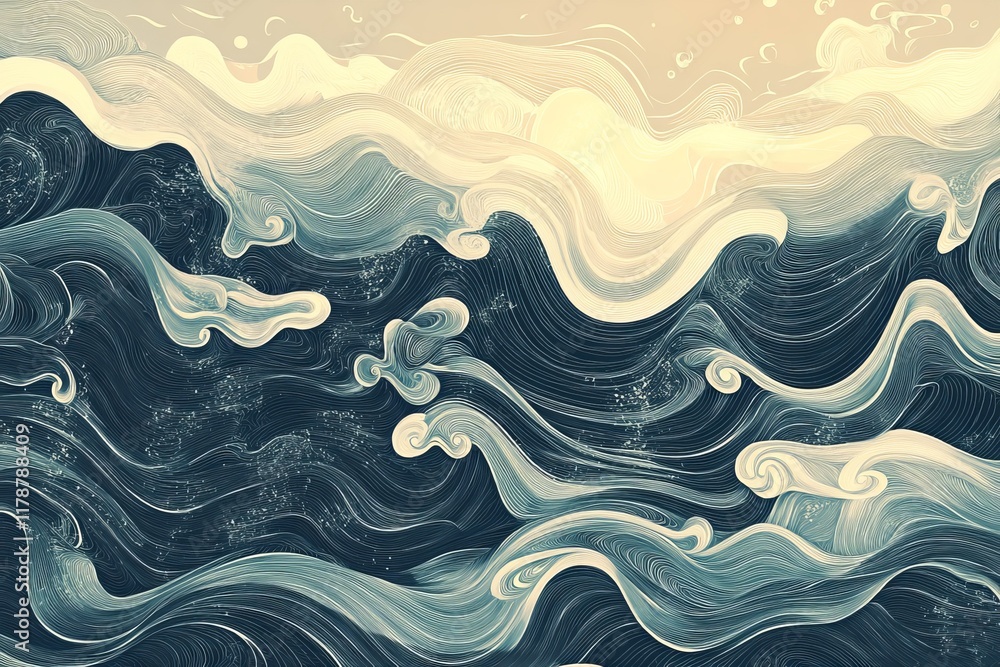 Poster abstract illustration of ocean waves with flowing lines and soft colors, showcasing dynamic water mo