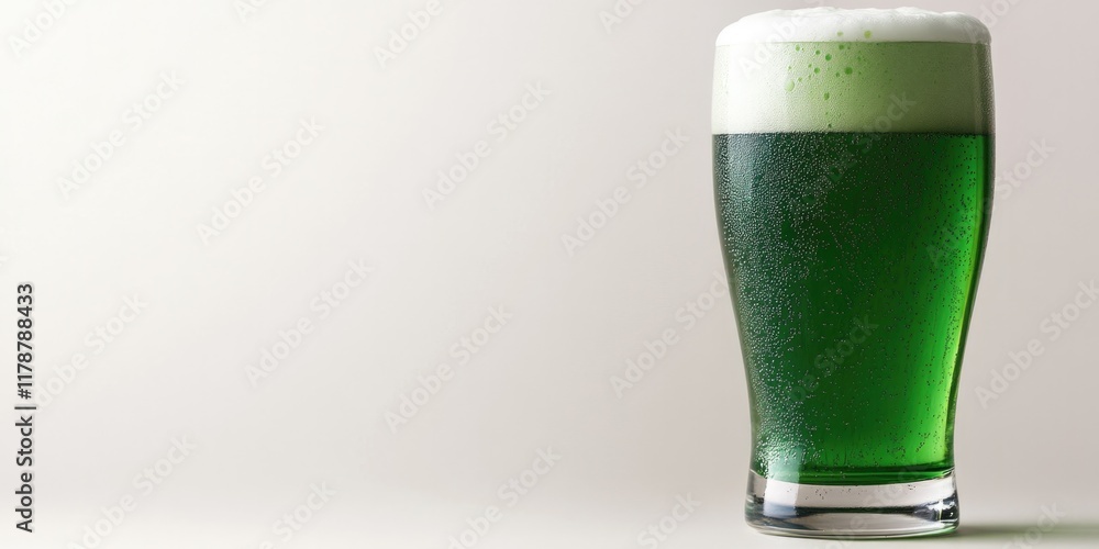 Poster single pint of frothy green beer placed on solid white background with subtle shadow gradients