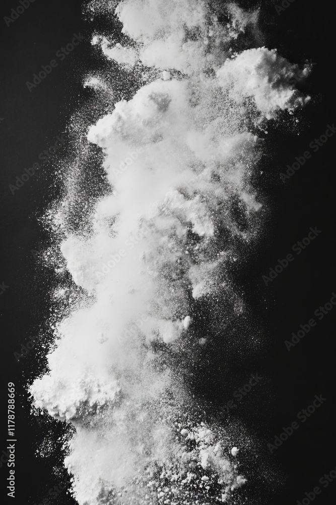Poster high-contrast image of white powder exploding against a black background, showcasing dynamic motion 