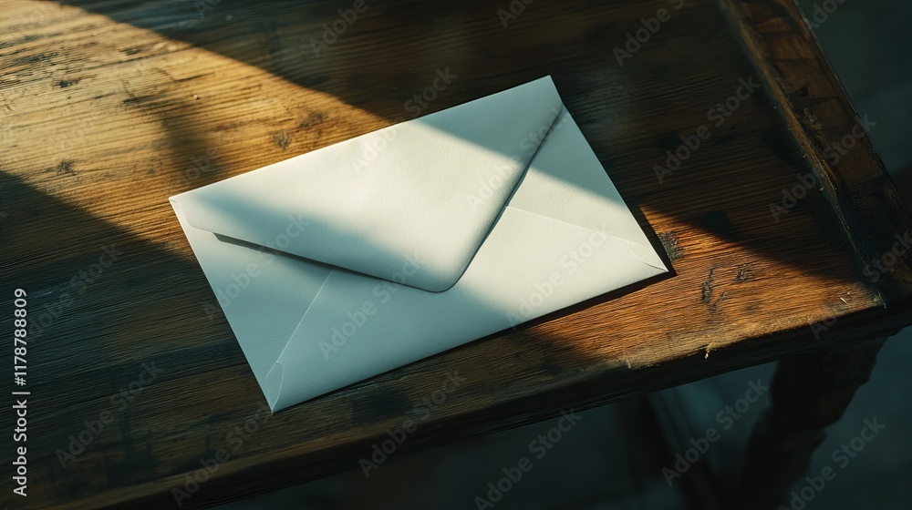Poster a classic envelope rests on a wooden table, illuminated by warm sunlight, creating a nostalgic and i