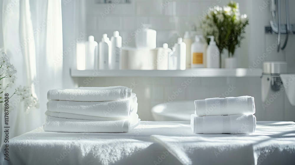 Poster spacious laundry room with fresh linens stacked neatly on table and cleaning products in background 