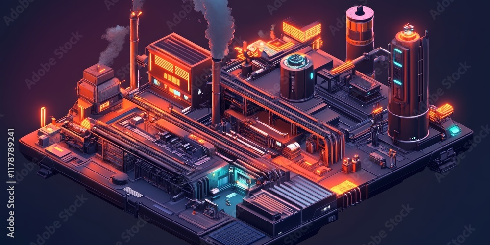 Poster a computer generated image of a city with a large factory. the factory is lit up in neon colors