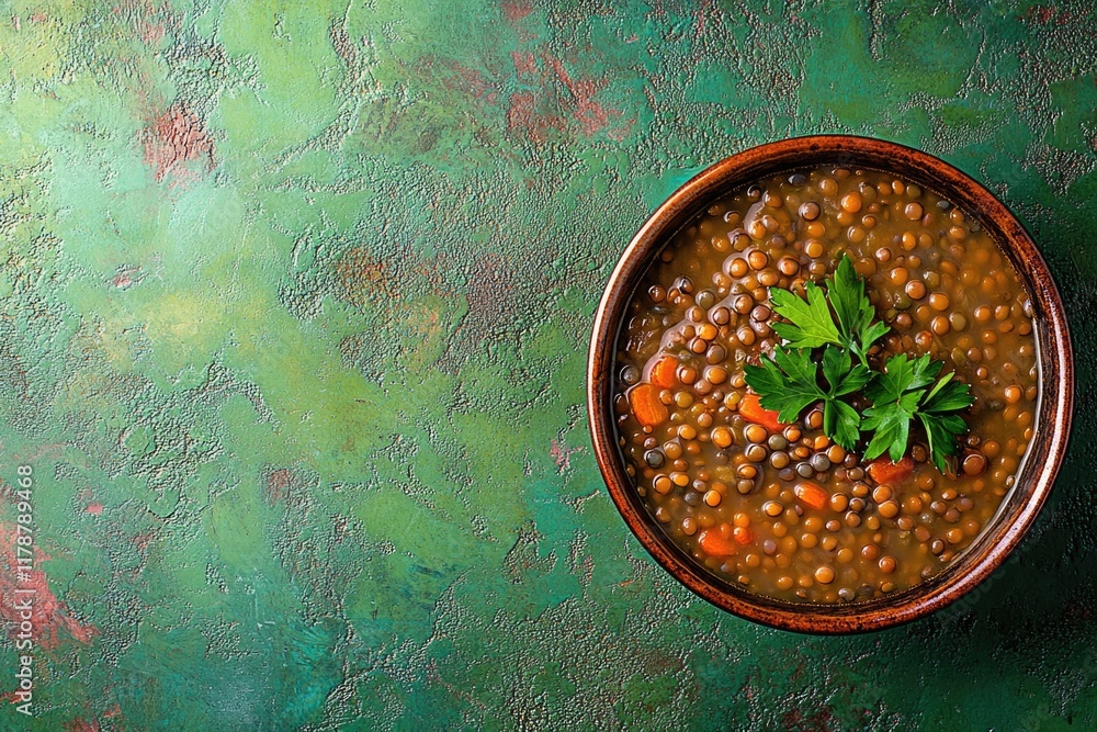 Poster top-down view of hearty lentil soup with parsley garnish served on textured green background with am