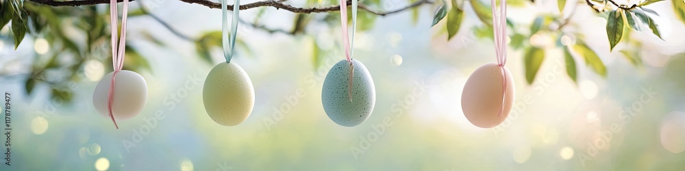 Poster unique easter setup featuring eggs suspended by ribbons from tree branch
