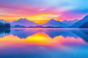 Fototapeta premium vibrant image of serene lake at sunrise with reflections of mountains and colorful skies symbolizing peace