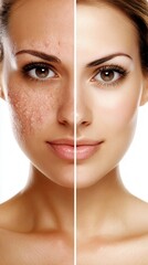 Woman showing skin before and after acne treatment