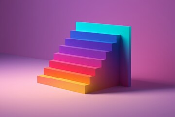 a close up of a colorful staircase with a pink background