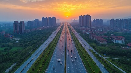 Fototapeta premium Aerial view of a highway at sunset with buildings lining the sides.