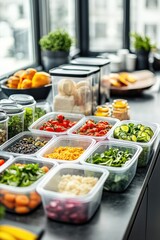 array of meal prep containers filled with healthy ingredients neatly arranged on modern kitchen counter