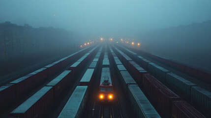 Fototapeta premium A rail yard during a foggy morning, with freight trains barely visible through the mist