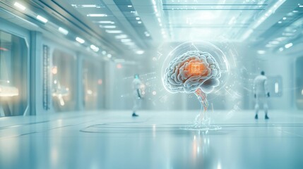Human brain and ai chip merging glowing symbiosis in a futuristic lab digital art high-tech environment conceptual viewpoint