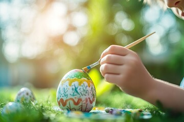 Fototapeta premium close-up of boy painting egg with careful precision in backyard