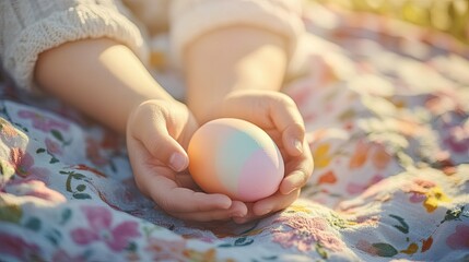 Naklejka premium close-up of child hands holding pastel egg while seated on picnic blanket