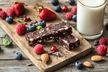Fototapeta premium Superfood energy bars displayed on rustic wooden board with fresh berries and milk vibrant natural setting food photography concept for healthy lifestyle