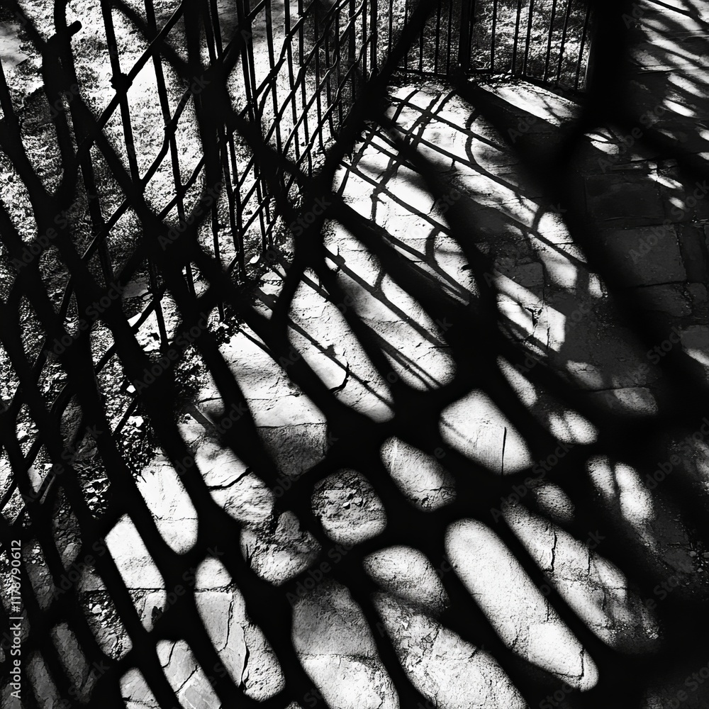 Poster black and white abstract image of fence shadows casting geometric patterns on a sunlit pavement.