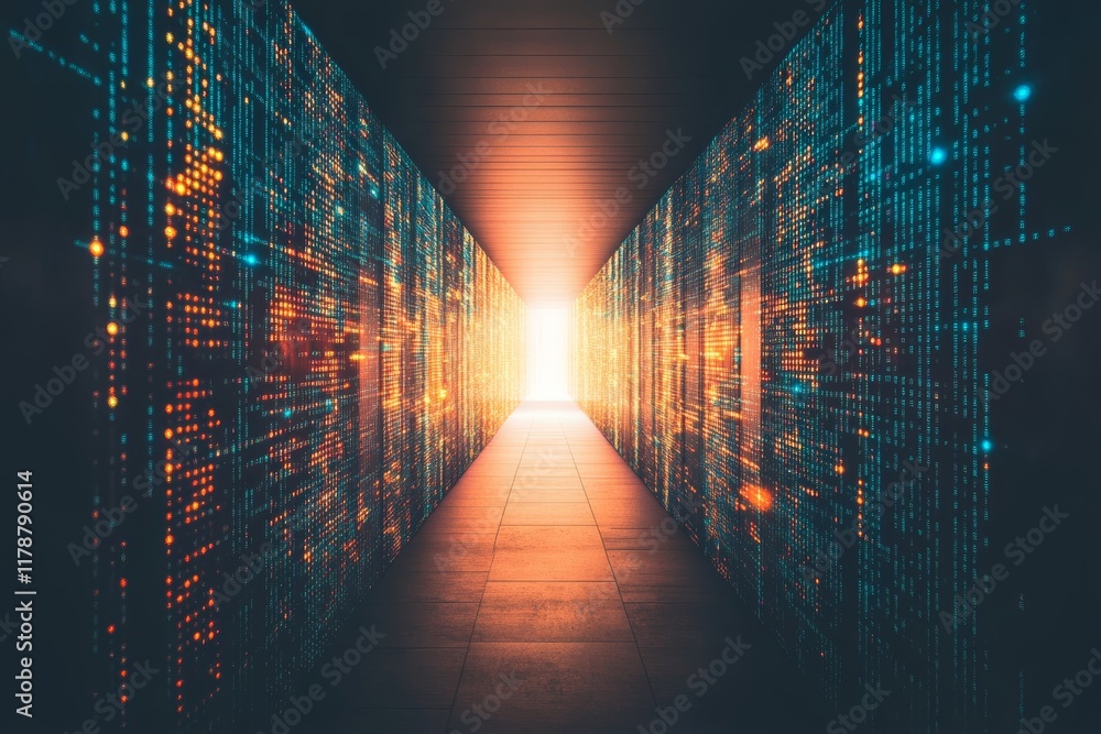 Poster experience a captivating tunnel of glowing data streams set against a minimalist backdrop, evoking a