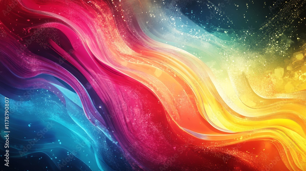 Poster an eye-catching multicolored abstract design featuring flowing lines and sparkles, perfect for creat