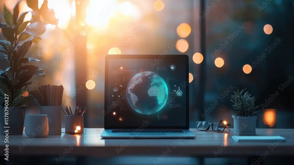 Poster innovative real-time ai-driven holographic globe displaying global data trends modern office digital