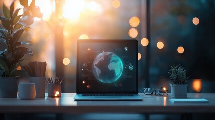 Innovative real-time ai-driven holographic globe displaying global data trends modern office digital visualization indoor futuristic technology concept