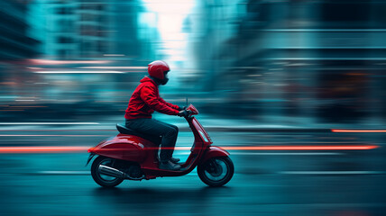 Fast delivery rider on a red scooter in urban setting
