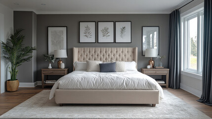 A sleek modern bedroom with a tufted bed, minimalist decor, and a soft gray color palette