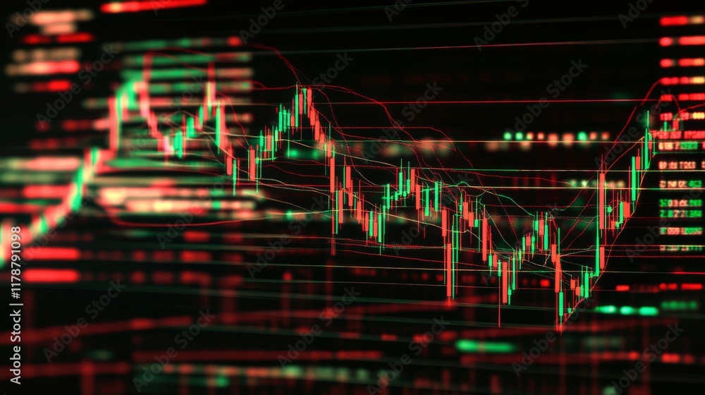 Poster A vibrant D stock market graph with interconnected nodes and lines showing a steep upward trend, set against a high-tech, glowing background