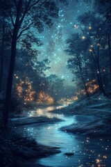 Fototapeta premium A magical night scene of a forest illuminated by fireflies, with a starry sky reflecting in a tranquil stream.