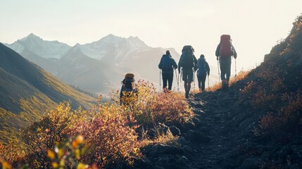 Obraz premium Hikers on Mountain Trail Autumn Landscape Backpacking Adventure