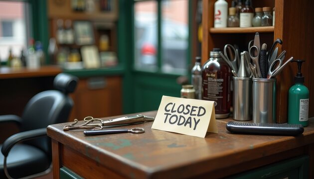 A barber shop with tools neatly arranged and a small note at the counter: CLOSED TODAY.