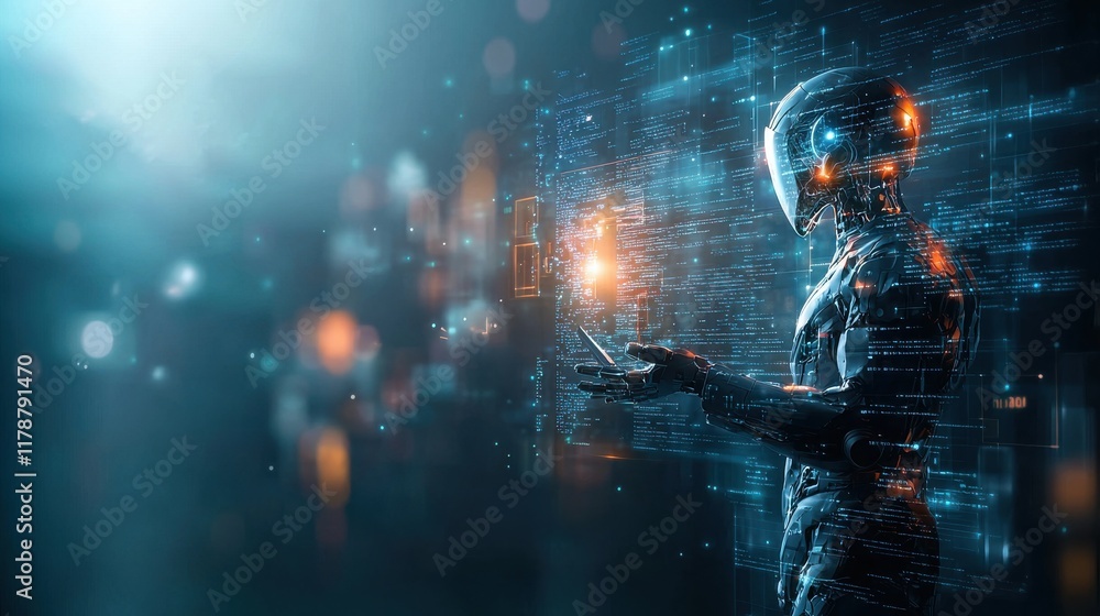 Poster humanoid robot analyzing data in a futuristic digital environment high-resolution technology imagery