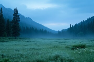 Fototapeta premium A tranquil scene of a misty morning in a pine forest valley, featuring lush green meadows and majestic mountains under a soft blue sky.