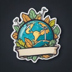 A hand-drawn Earth-themed sticker, featuring a blend of autumnal foliage and renewable energy windmills, promoting sustainable living and ecological awareness.
