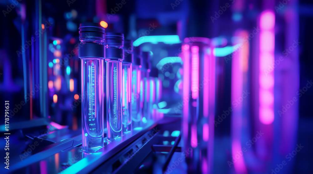 Poster advanced research facility with a row of glowing test tubes mounted on an automated conveyor system.