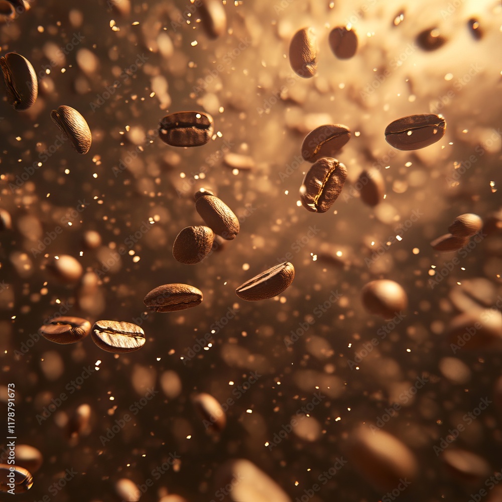Poster coffee beans suspended in mid-air with warm lighting and floating particles, creating a dynamic and 