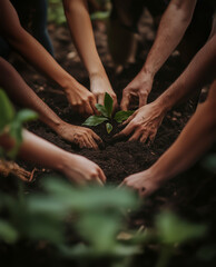 A group of people with diverse backgrounds working together to plant a small tree, their hands covered in soil. The image captures teamwork, sustainability, and environmental consciousness.