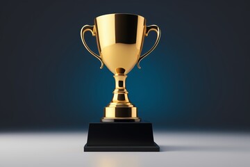 arafed golden trophy on a black pedestal with a blue background