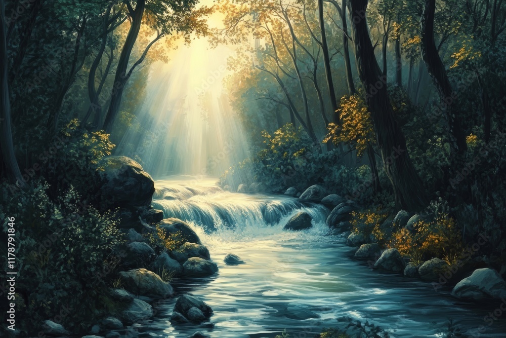 Poster sunlit forest stream with gentle water flow surrounded by lush trees and rocks, creating a peaceful 