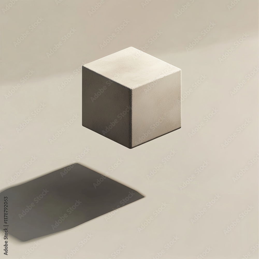 Poster A minimalist image of a floating cube casting a shadow on a neutral background, showcasing simplicity and elegance in design.