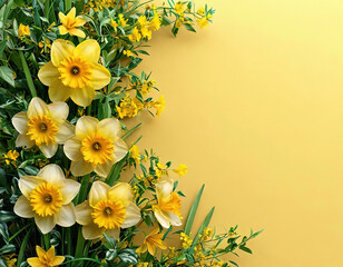 flowers daffodils on yellow background. spring card.