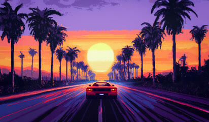 Pixel-art highway extending into a neon sunset with palm trees lining the road, evoking a nostalgic 80s aesthetic of retro-futurism and synthwave vibes.