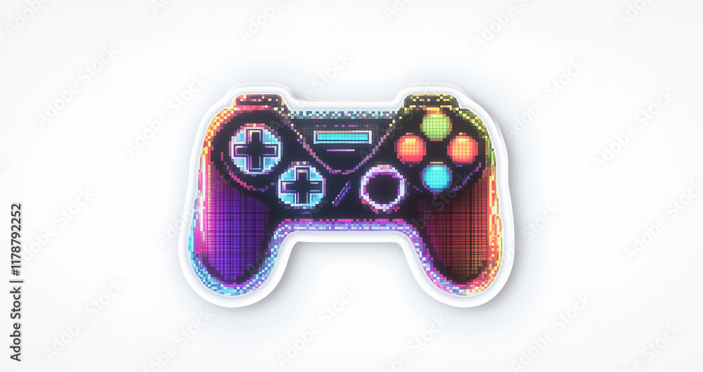 Poster a neon-outlined game controller sticker with a cyberpunk-style pixelated design, blending retro aest