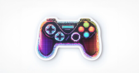A neon-outlined game controller sticker with a cyberpunk-style pixelated design, blending retro aesthetics with futuristic gaming culture.