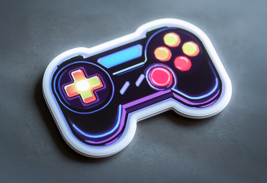 Brightly designed pixel-art sticker of a vintage game controller with a glowing, futuristic aesthetic, combining neon lights and retro gaming elements.