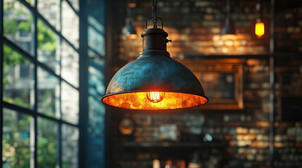 Industrial pendant lights casting shadows in a dimly lit urban loft