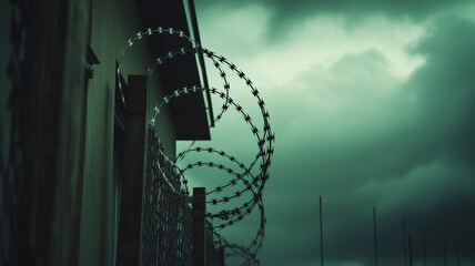 Barbed wire silhouettes under ominous green clouds communicate a sense of confinement and tension amidst an impending storm.
