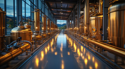 Intricate exposed pipes crisscrossing a brewery production floor